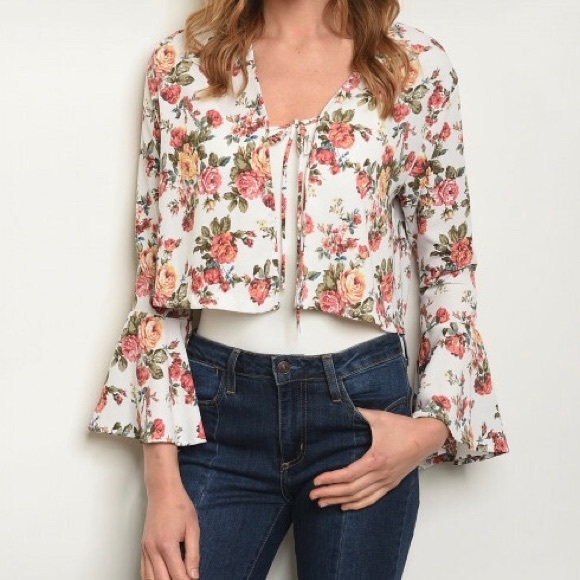 Ivory Floral Tie Front Crop Top with Bell Sleeves - Picture 3 of 8